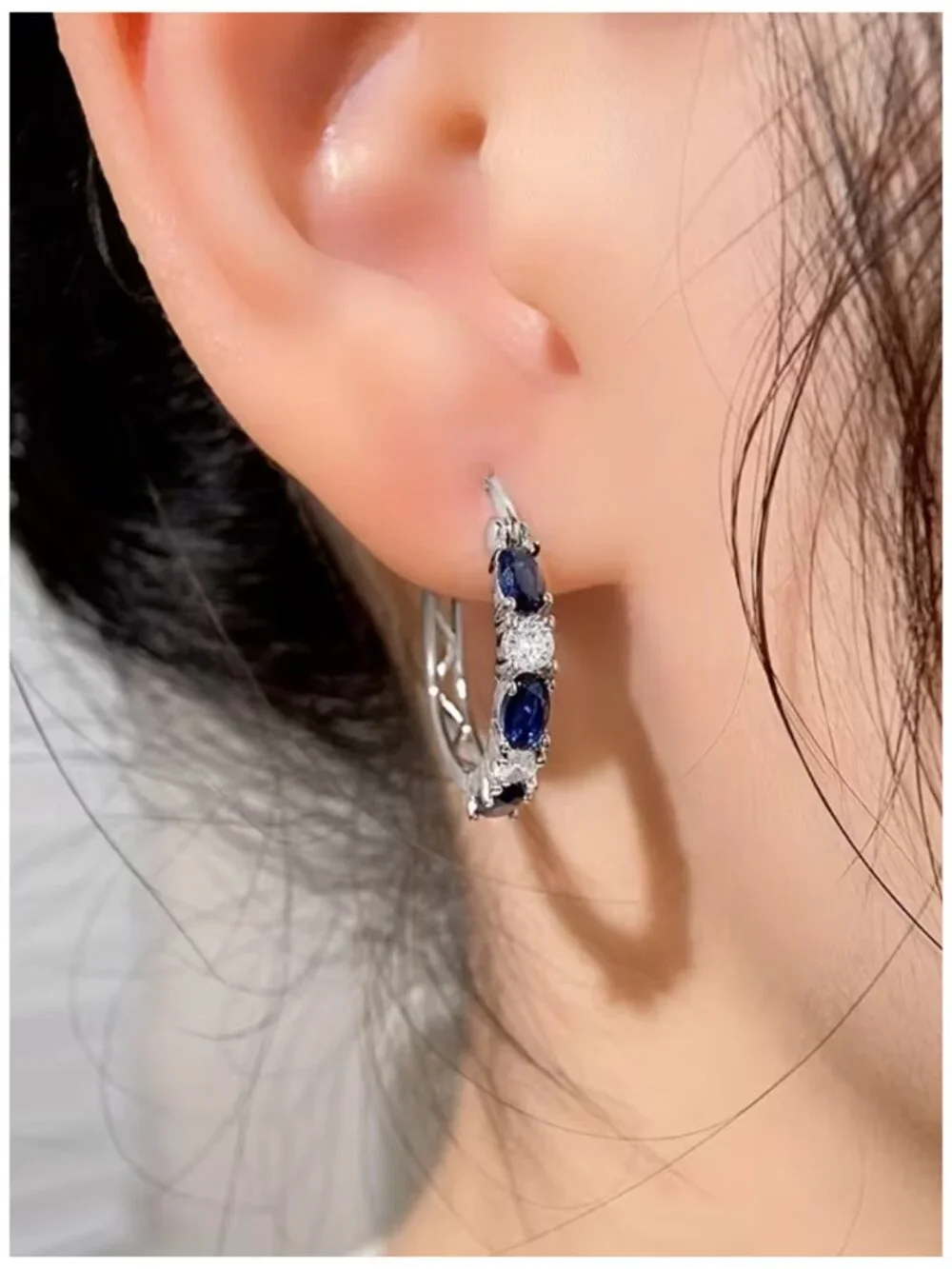 Blue & White Synthetic Sapphire Hoop Earrings Nickel Free Plating December Birth